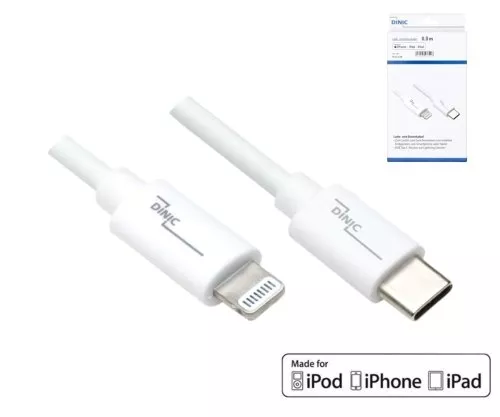 Cable USB C a Lightning, MFi, certificado MFi, cable de sincronización y carga rápida, blanco, caja DINIC con euroagujero, 0,5 m